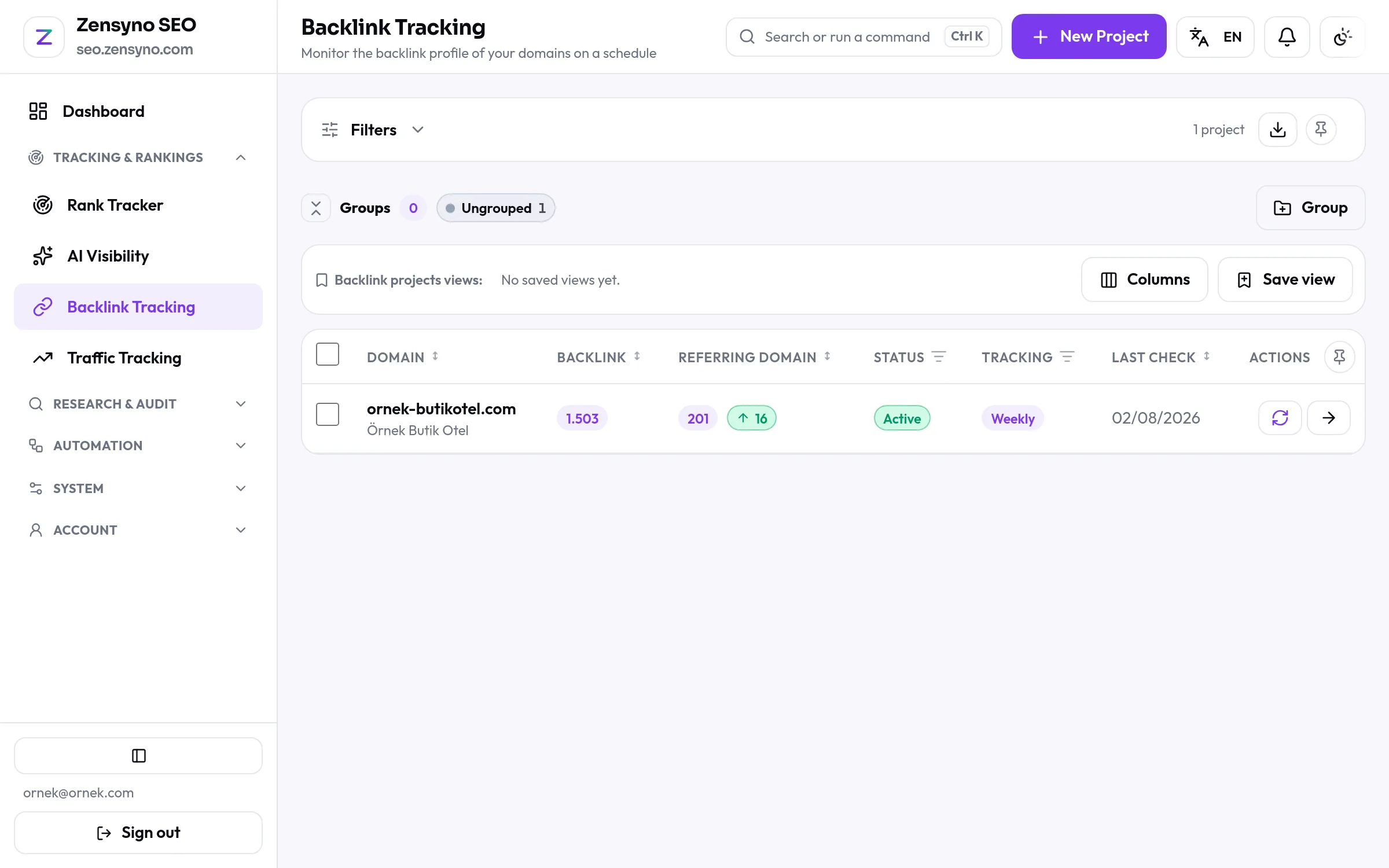 Backlink tracking screen
