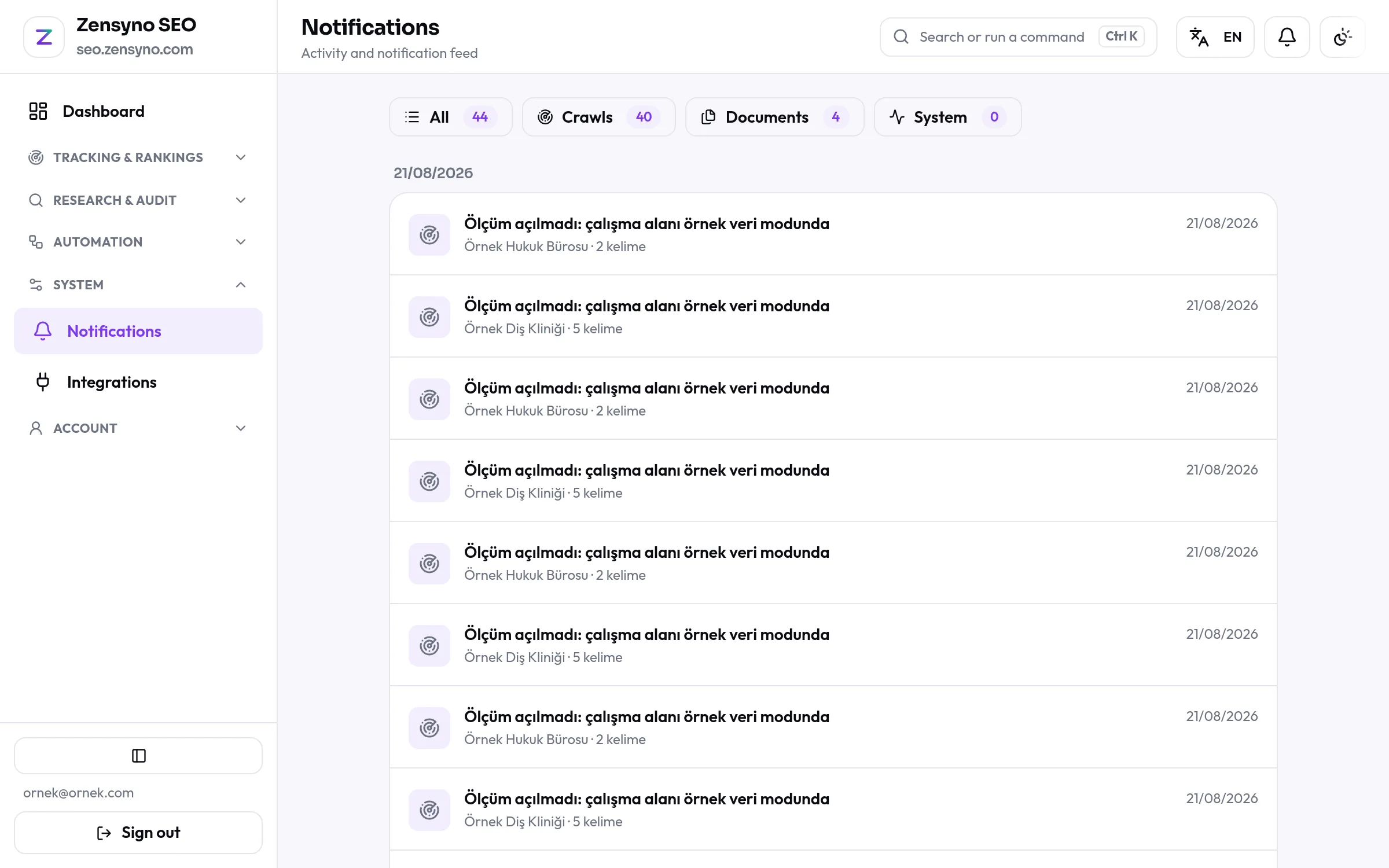 Notification center screen