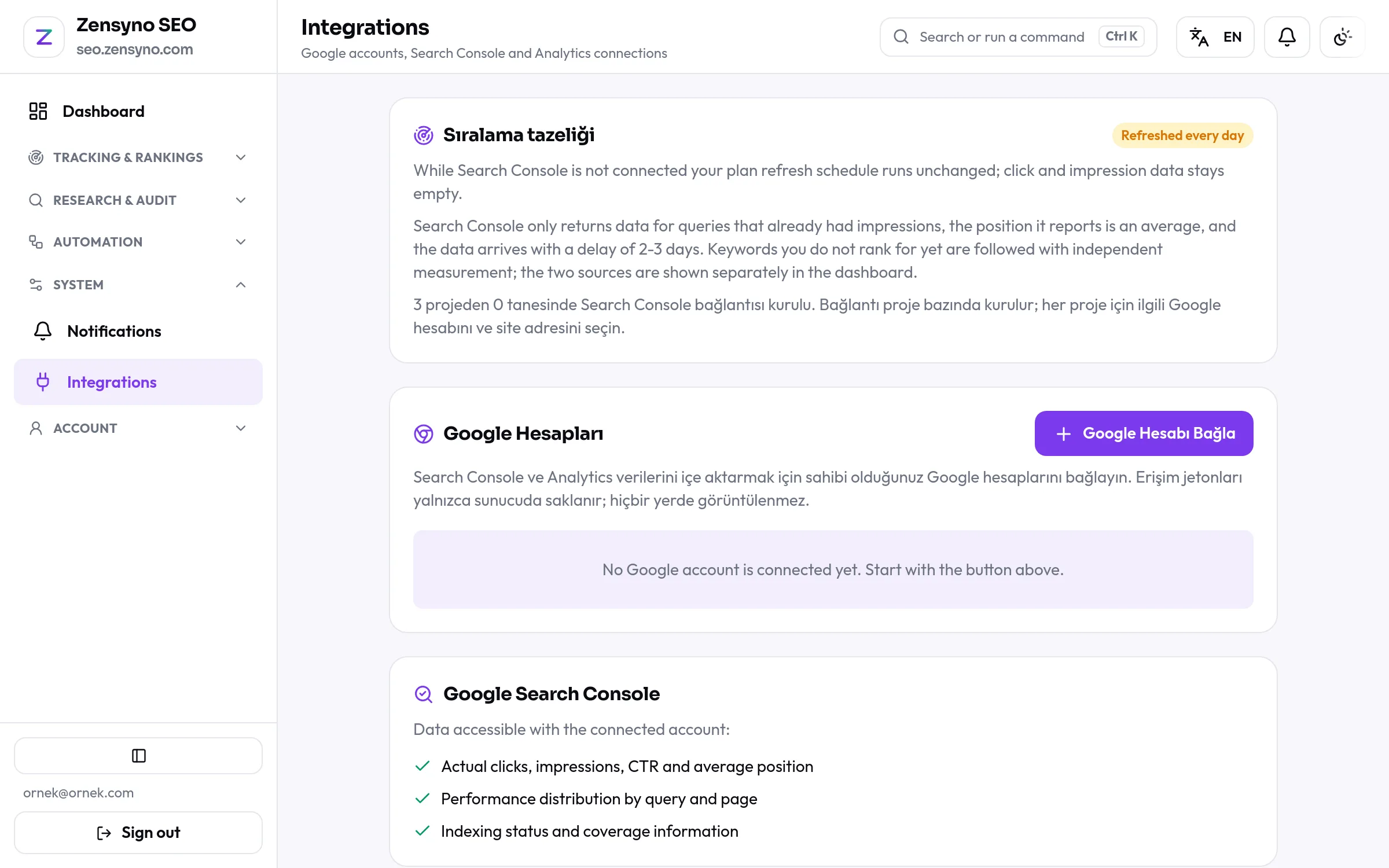Integration connections screen