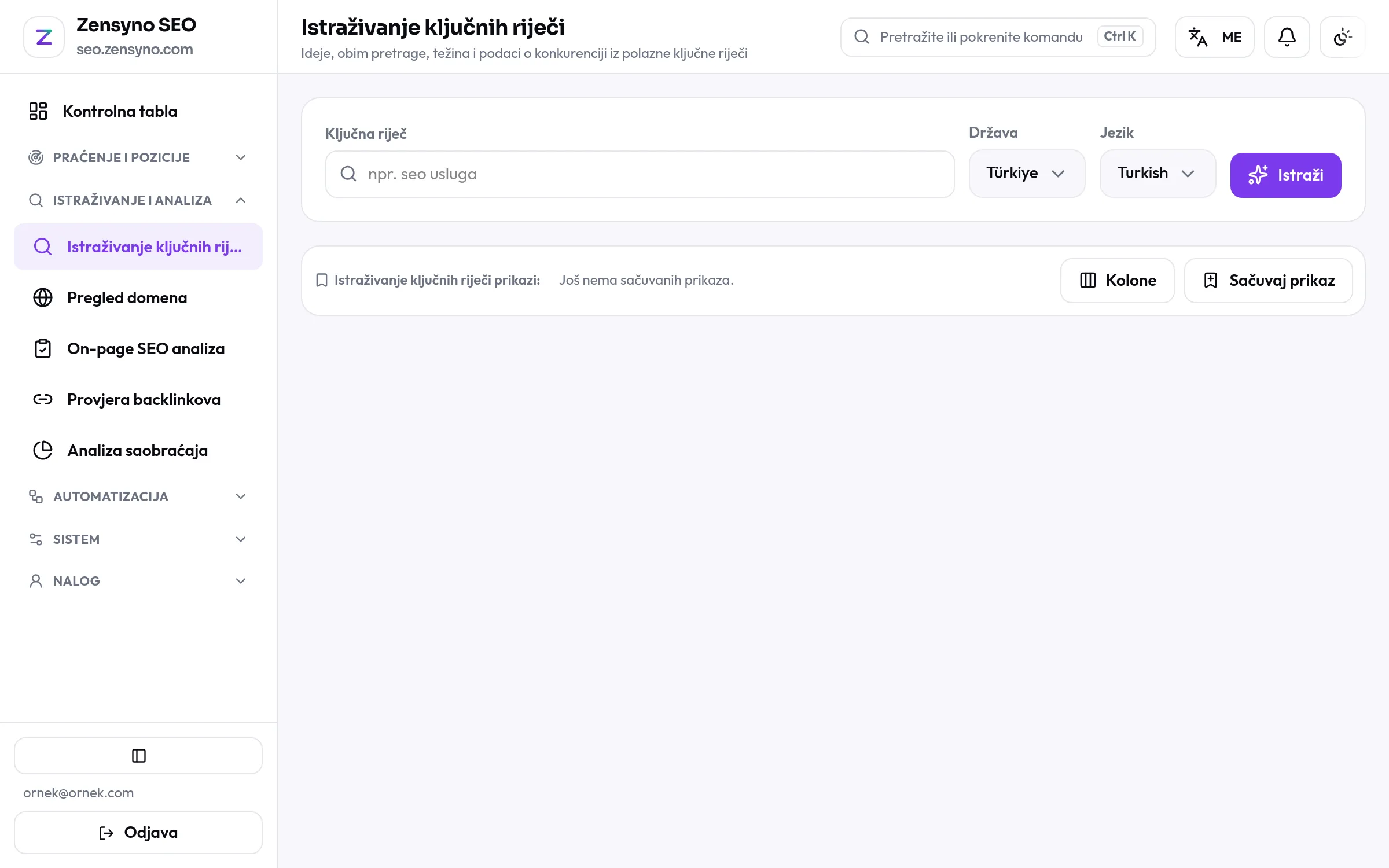 Ekran istraživanja ključnih riječi